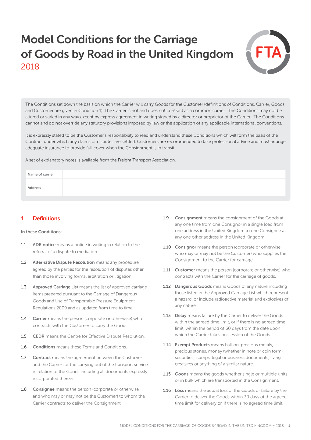 FTA Model Conditions for the Carriage of Goods by Road