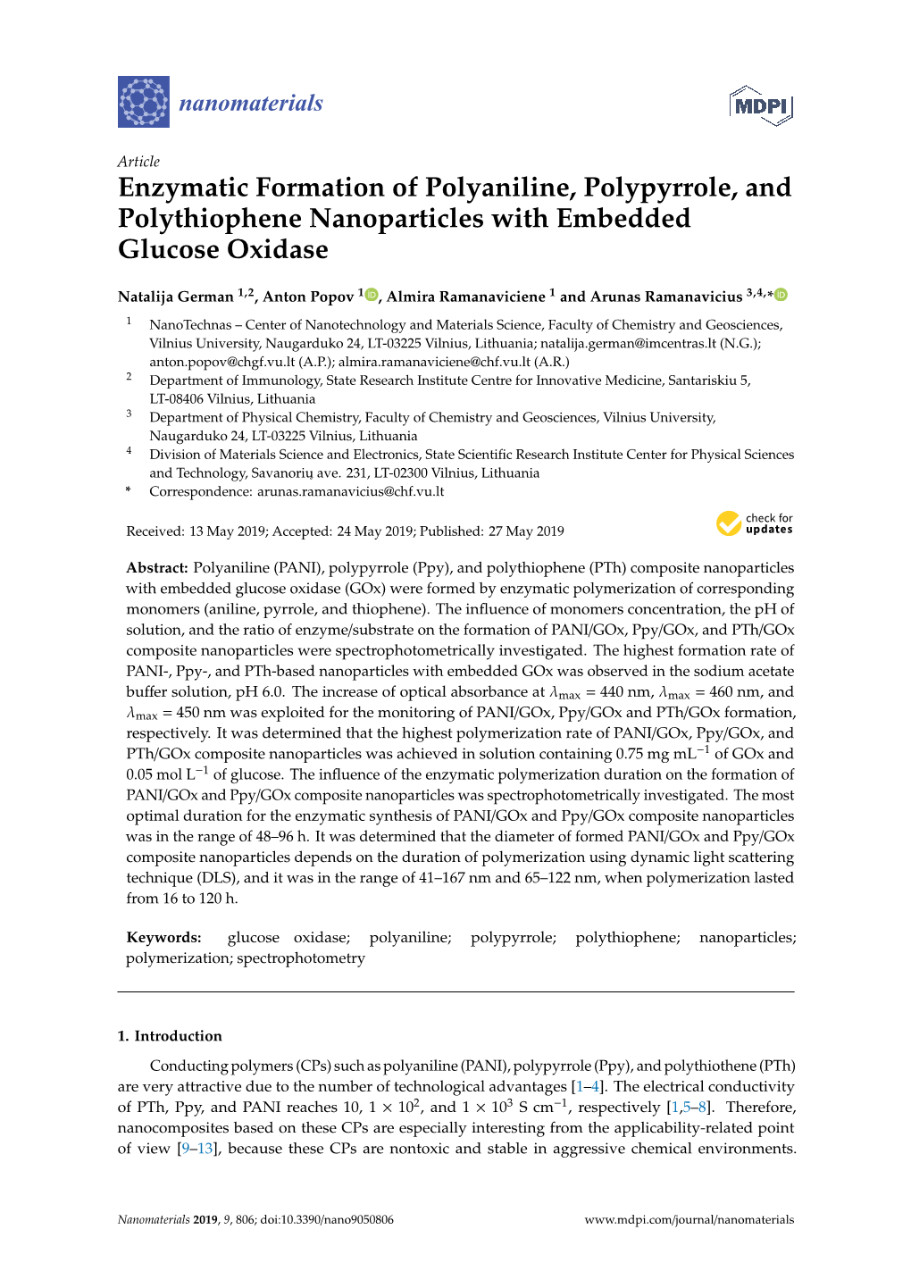 Enzymatic Formation of Polyaniline, Polypyrrole, and Polythiophene Nanoparticles with Embedded Glucose Oxidase