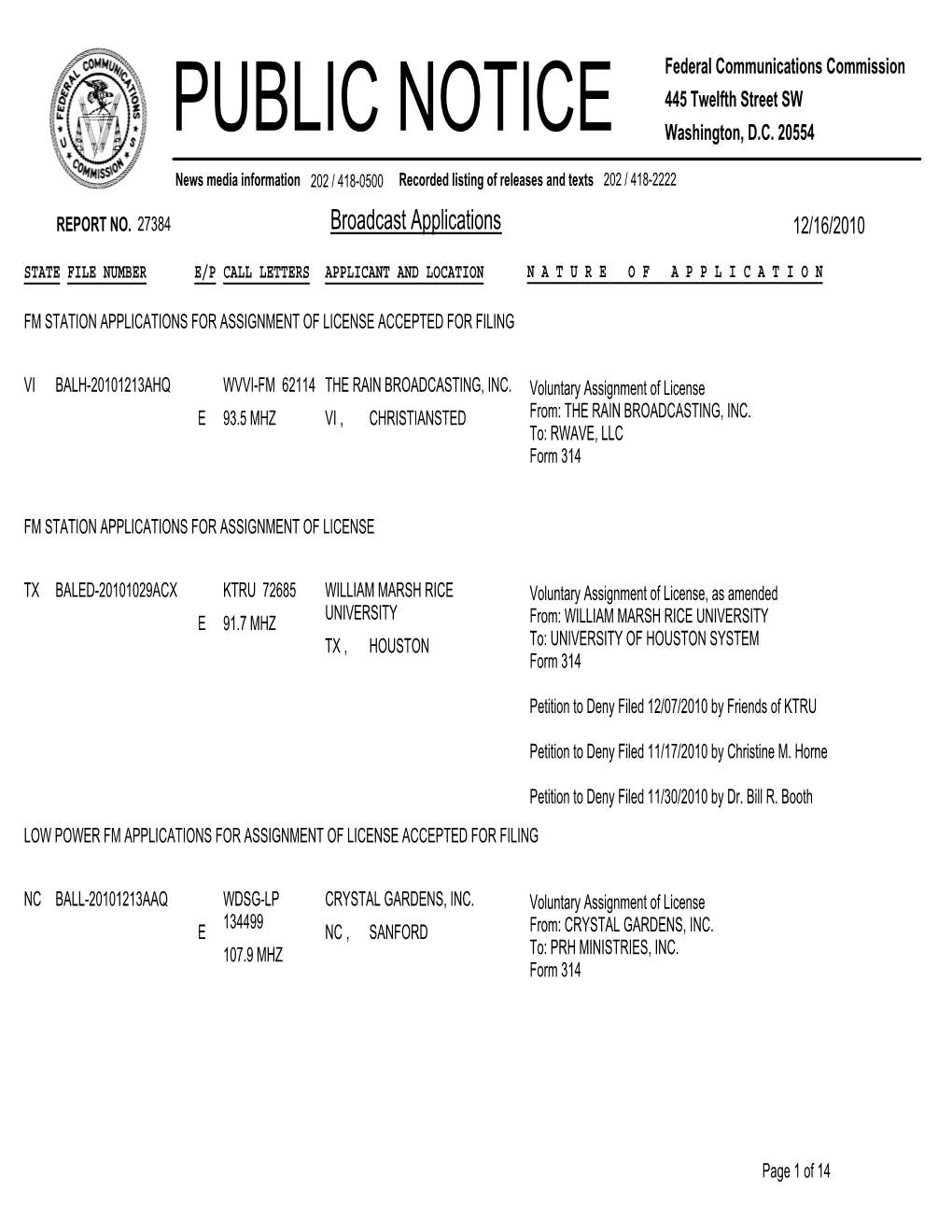 Broadcast Applications 12/16/2010