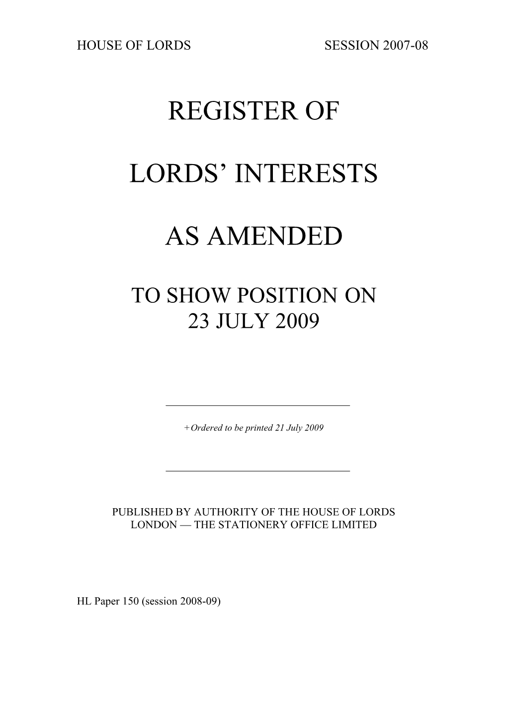 Register of Lords' Interests As Amended