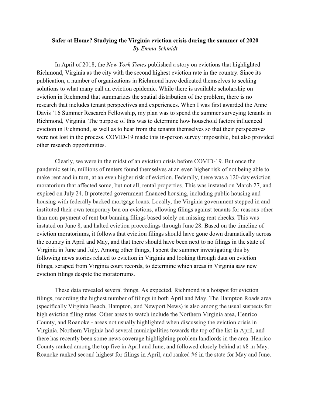 Safer at Home? Studying the Virginia Eviction Crisis During the Summer of 2020 by Emma Schmidt