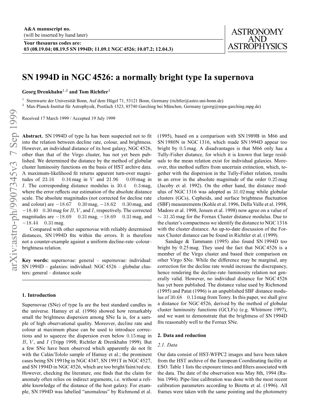 SN1994D in NGC4526: a Normally Bright Type Ia Supernova