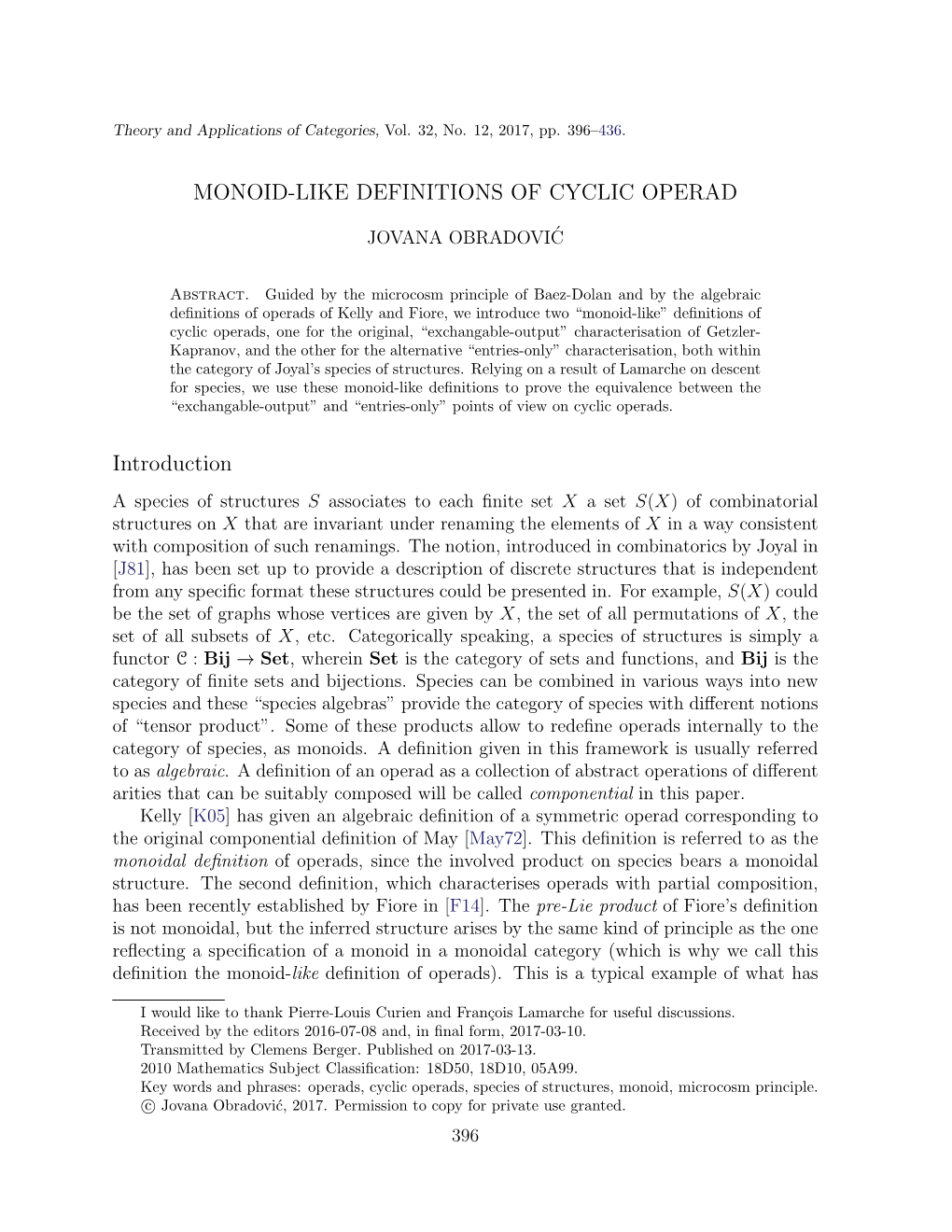 MONOID-LIKE DEFINITIONS of CYCLIC OPERAD Introduction