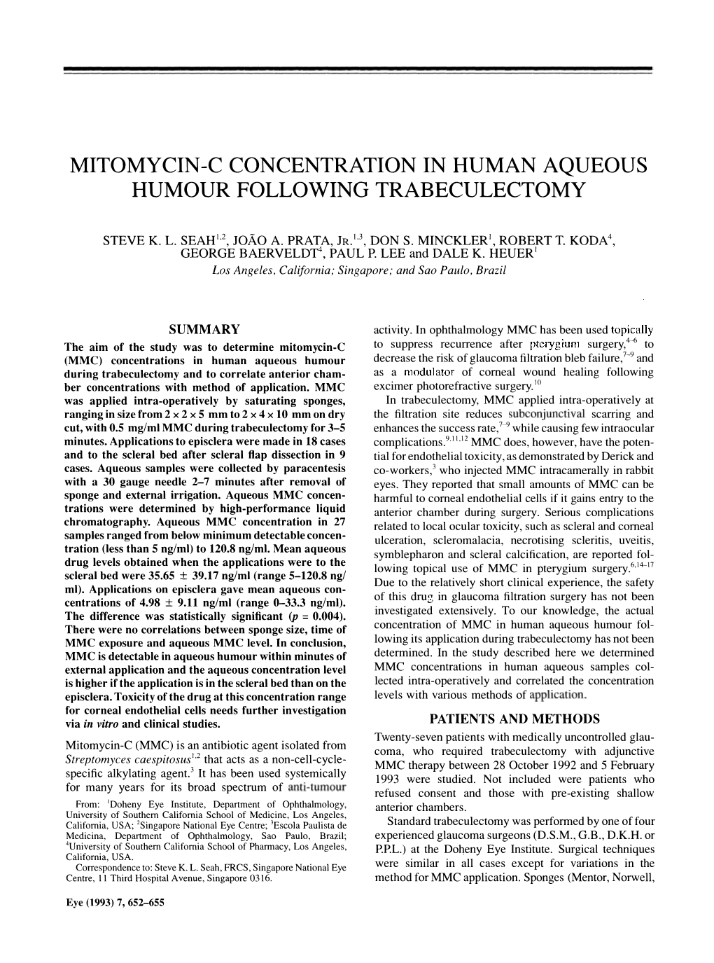 Mitomycin-C Concentration in Human Aqueous Humour Following Trabeculectomy