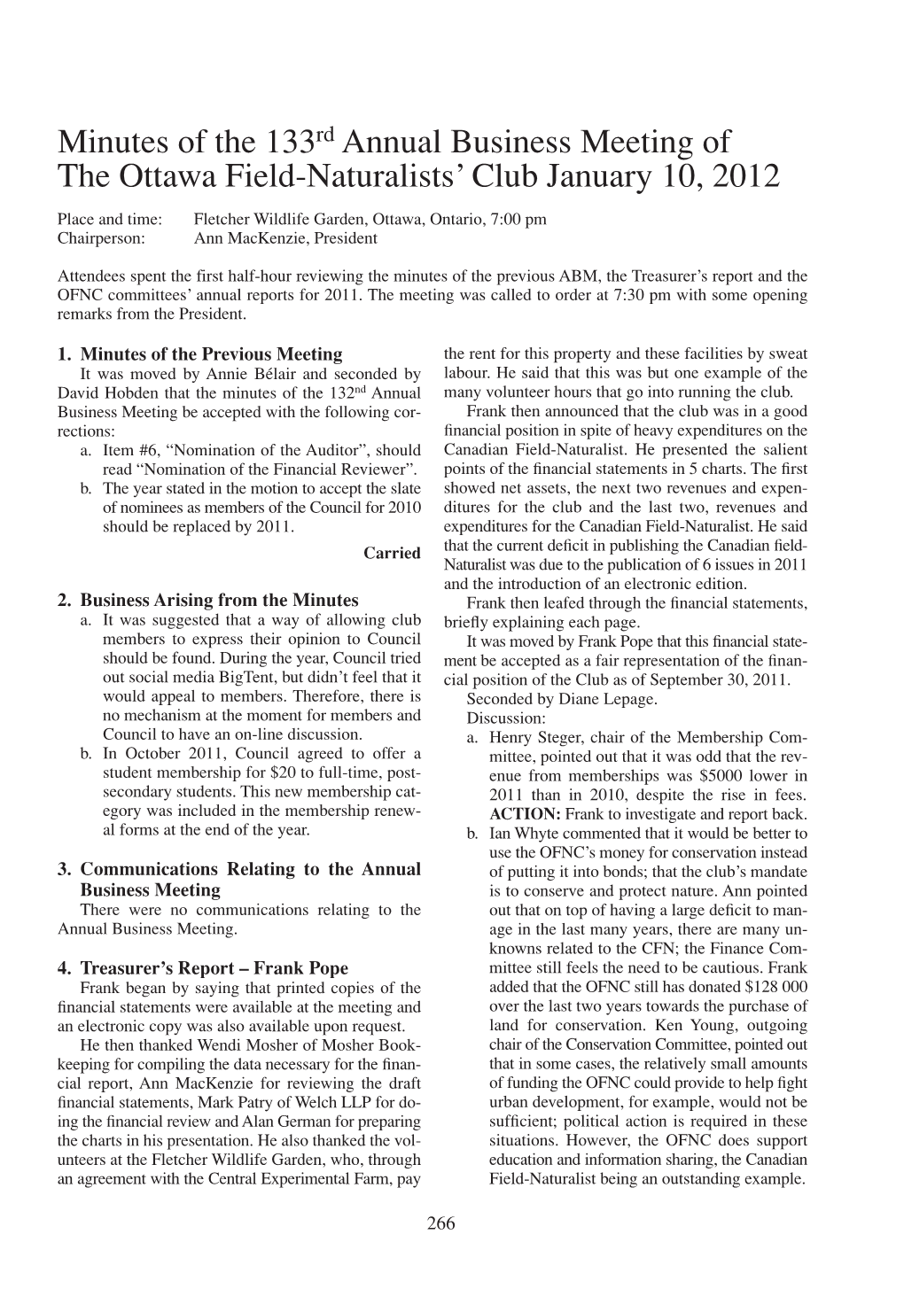 Minutes of the 133Rd Annual Business Meeting of the Ottawa Field-Naturalists' Club January 10, 2012