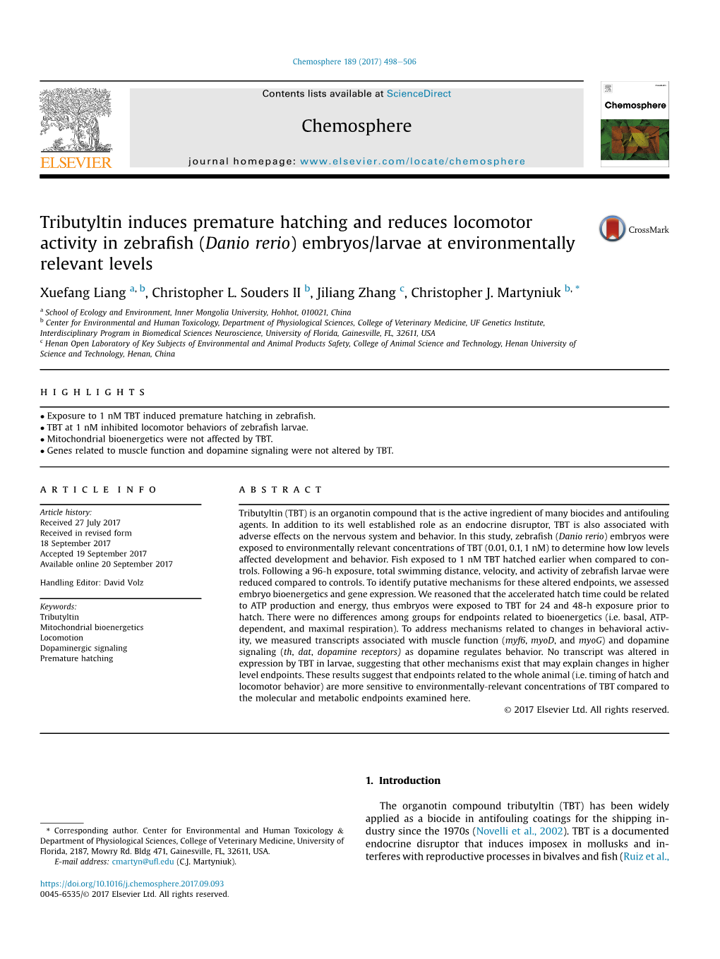 (Danio Rerio) Embryos/Larvae at Environmentally Relevant Levels