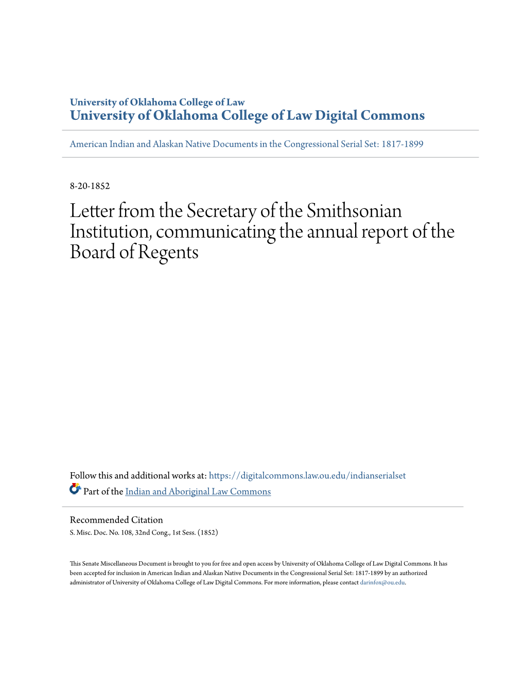 Letter from the Secretary of the Smithsonian Institution, Communicating the Annual Report of the Board of Regents