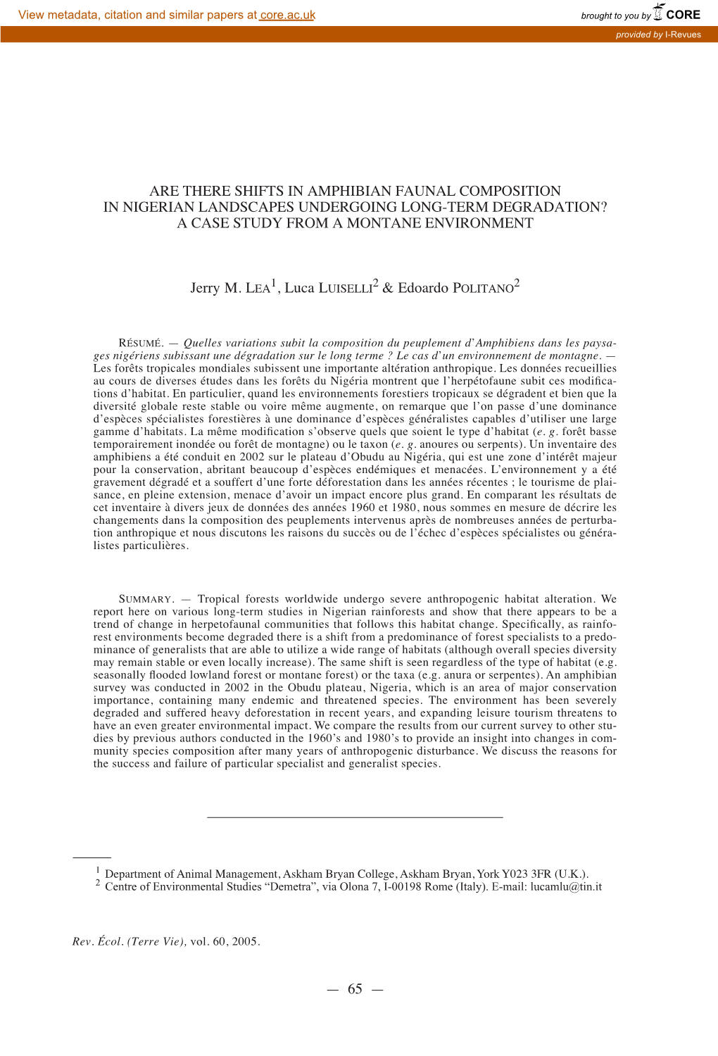 Are There Shifts in Amphibian Faunal Composition in Nigerian Landscapes Undergoing Long-Term Degradation? a Case Study from a Montane Environment