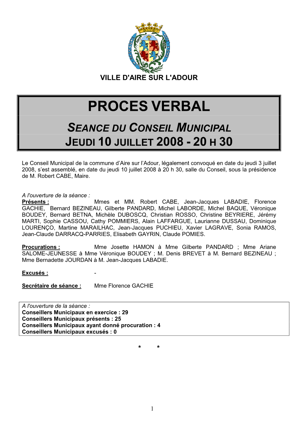 Proces Verbal Seance Du Conseil Municipal Jeudi 10 Juillet 2008 - 20 H 30