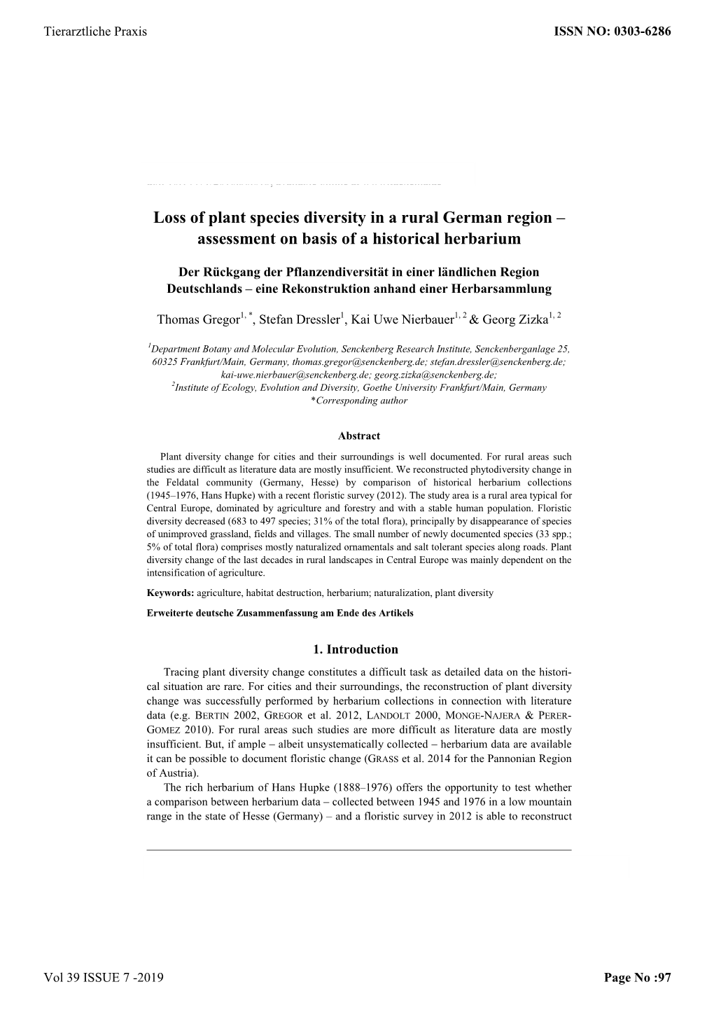 Loss of Plant Species Diversity in a Rural German Region – Assessment on Basis of a Historical Herbarium