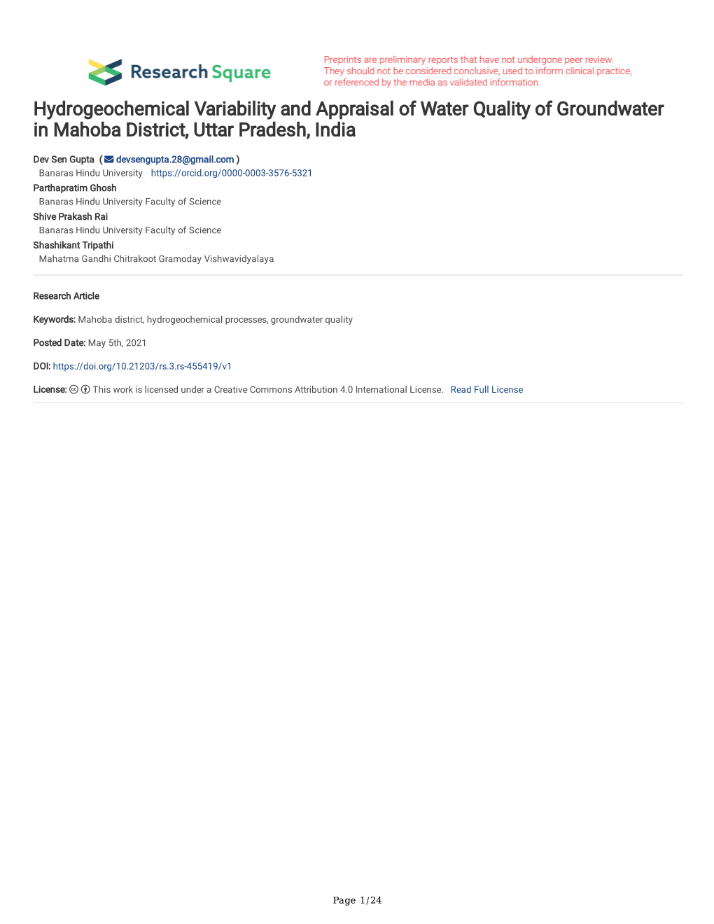 Hydrogeochemical Variability and Appraisal of Water Quality of Groundwater in Mahoba District, Uttar Pradesh, India