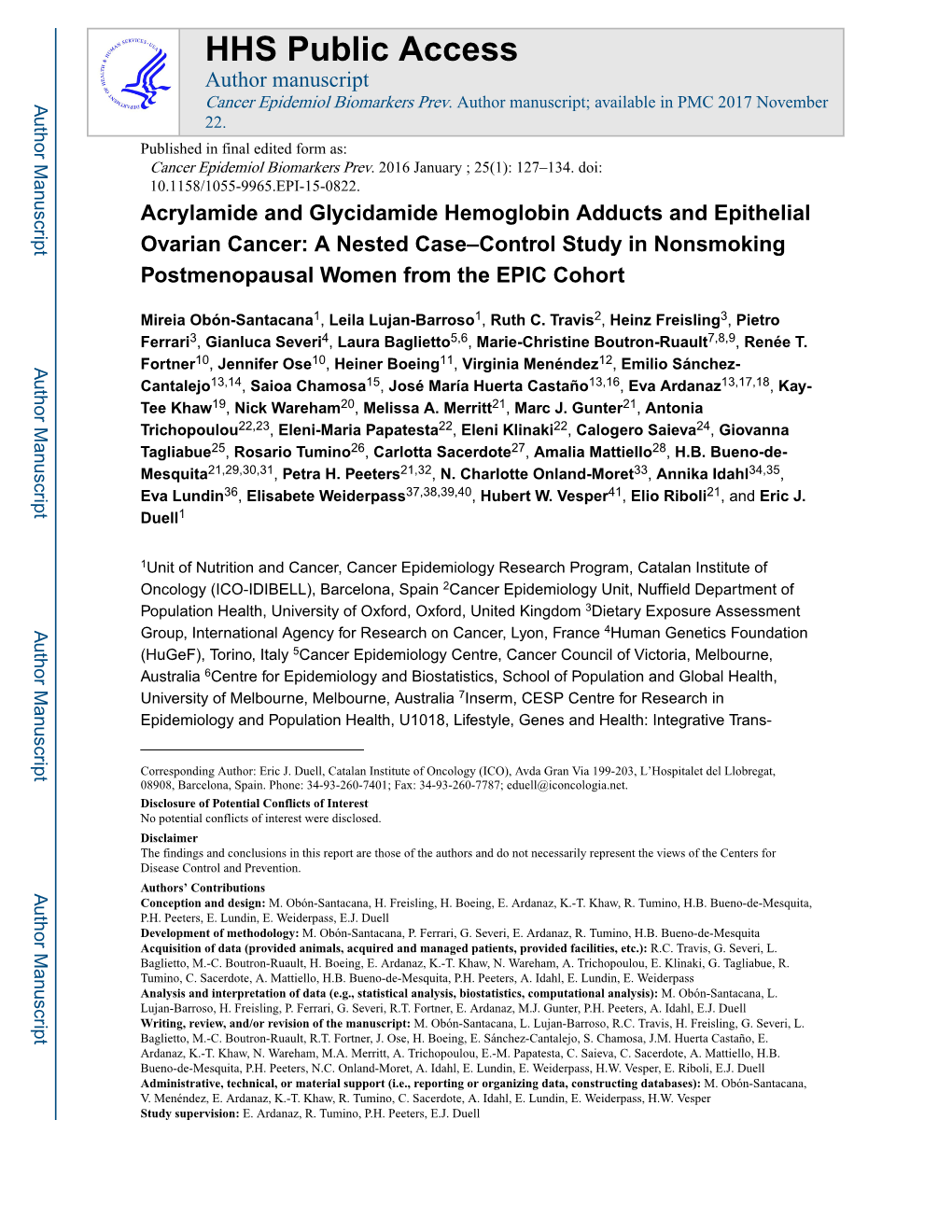 Acrylamide and Glycidamide Hemoglobin Adducts and Epithelial Ovarian Cancer: a Nested Case–Control Study in Nonsmoking Postmenopausal Women from the EPIC Cohort