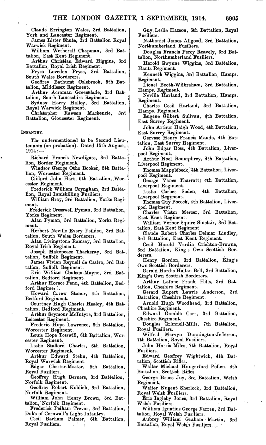 THE LONDON GAZETTE, 1 SEPTEMBER, 1914. 6905 Claude Errington Wales, 3Rd Battalion, Guy.Leslie Hazeon, 6Th Battalion, Royal York and Lancaster Regiment