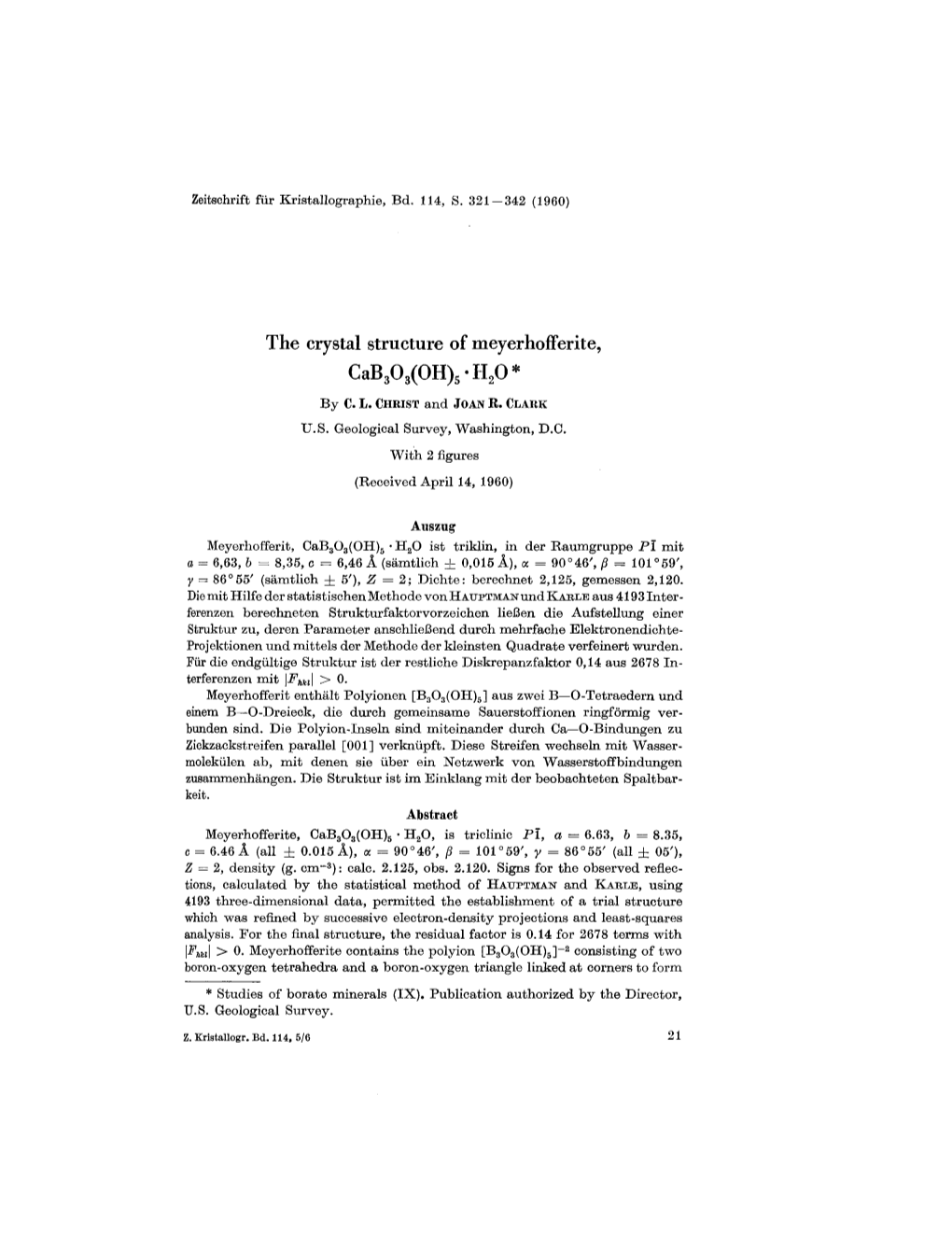 The Crystal Structure of Meyerhofferite, Cabaoa(OH)S .H20 * by C