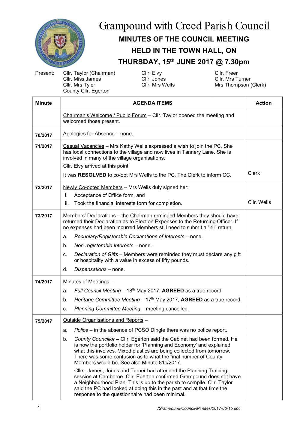 Grampound with Creed Parish Council MINUTES of the COUNCIL MEETING HELD in the TOWN HALL, on THURSDAY, 15Th JUNE 2017 @ 7.30Pm