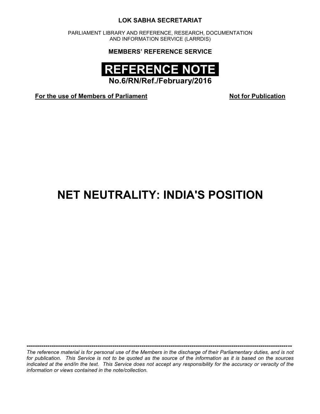 Net Neutrality: India's Position