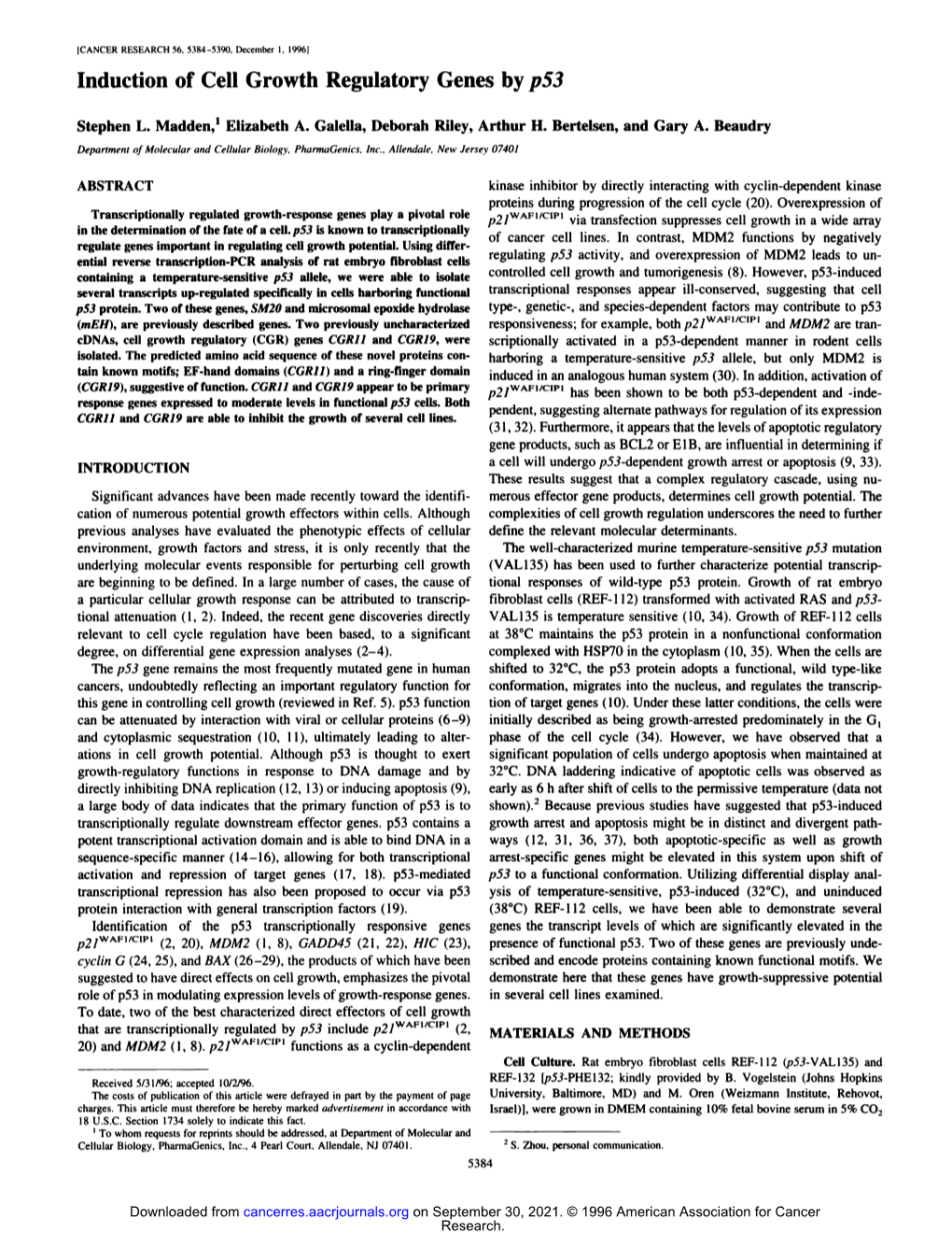 Induction of Cell Growth Regulatory Genes by P53