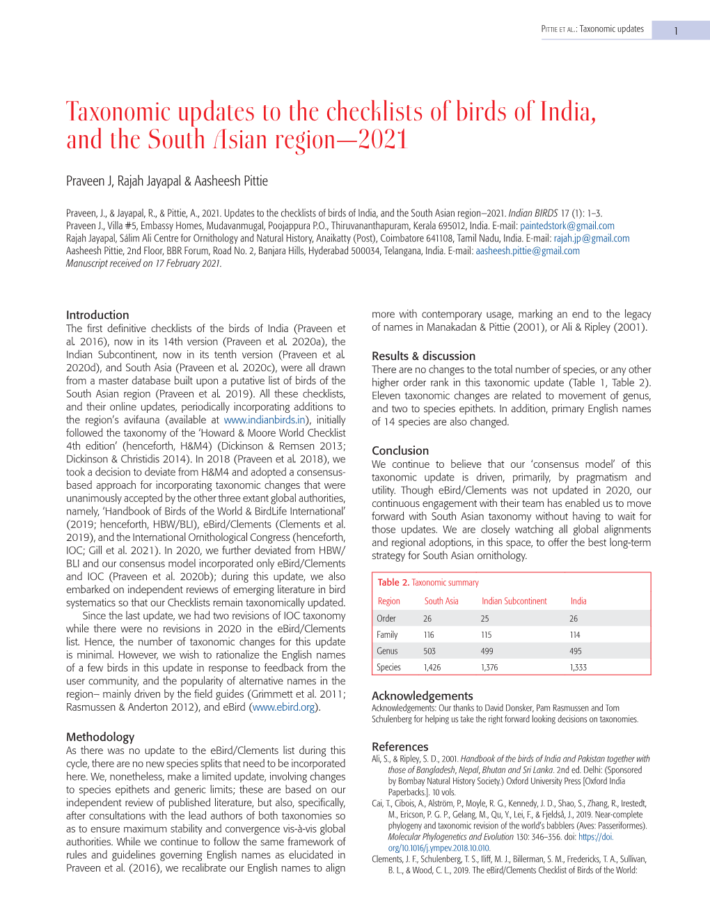 Taxonomic Updates to the Checklists of Birds of India, and the South Asian Region—2021
