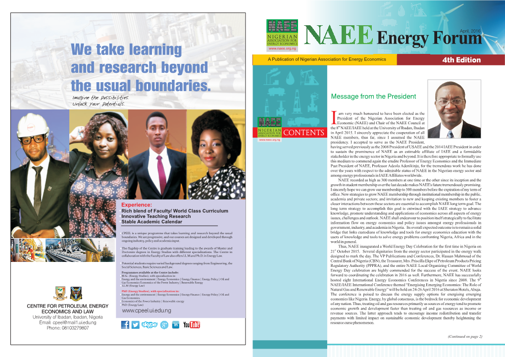 Energy Forum NAEE We Take Learning a Publication of Nigerian Association for Energy Economics 4Th Edition and Research Beyond the Usual Boundaries