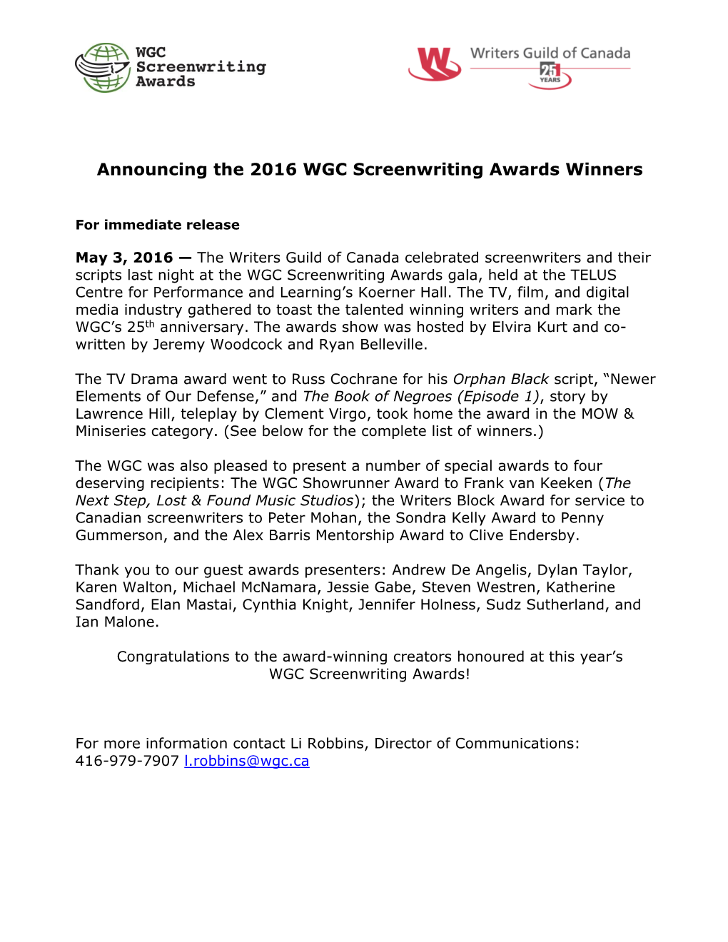 Announcing the 2016 WGC Screenwriting Awards Winners