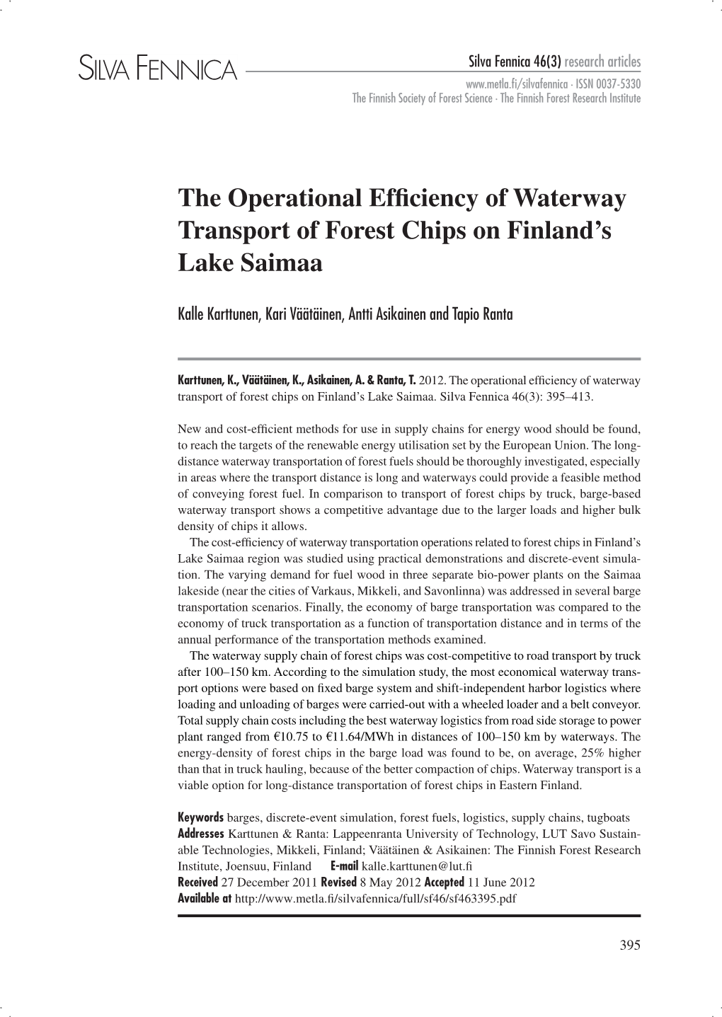 The Operational Efficiency of Waterway Transport of Forest Chips on Finland’S Lake Saimaa