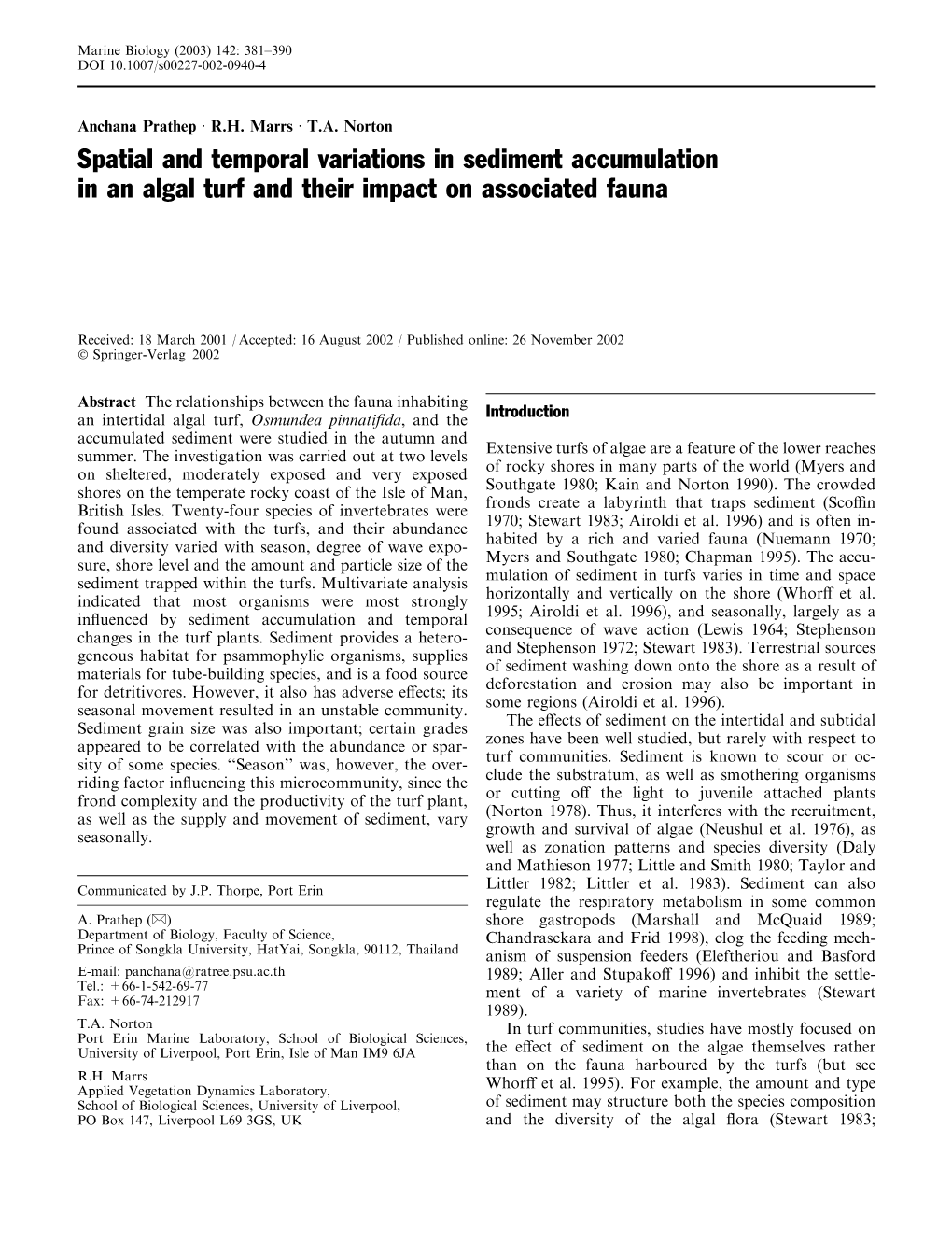 Spatial and Temporal Variations in Sediment Accumulation in an Algal Turf and Their Impact on Associated Fauna