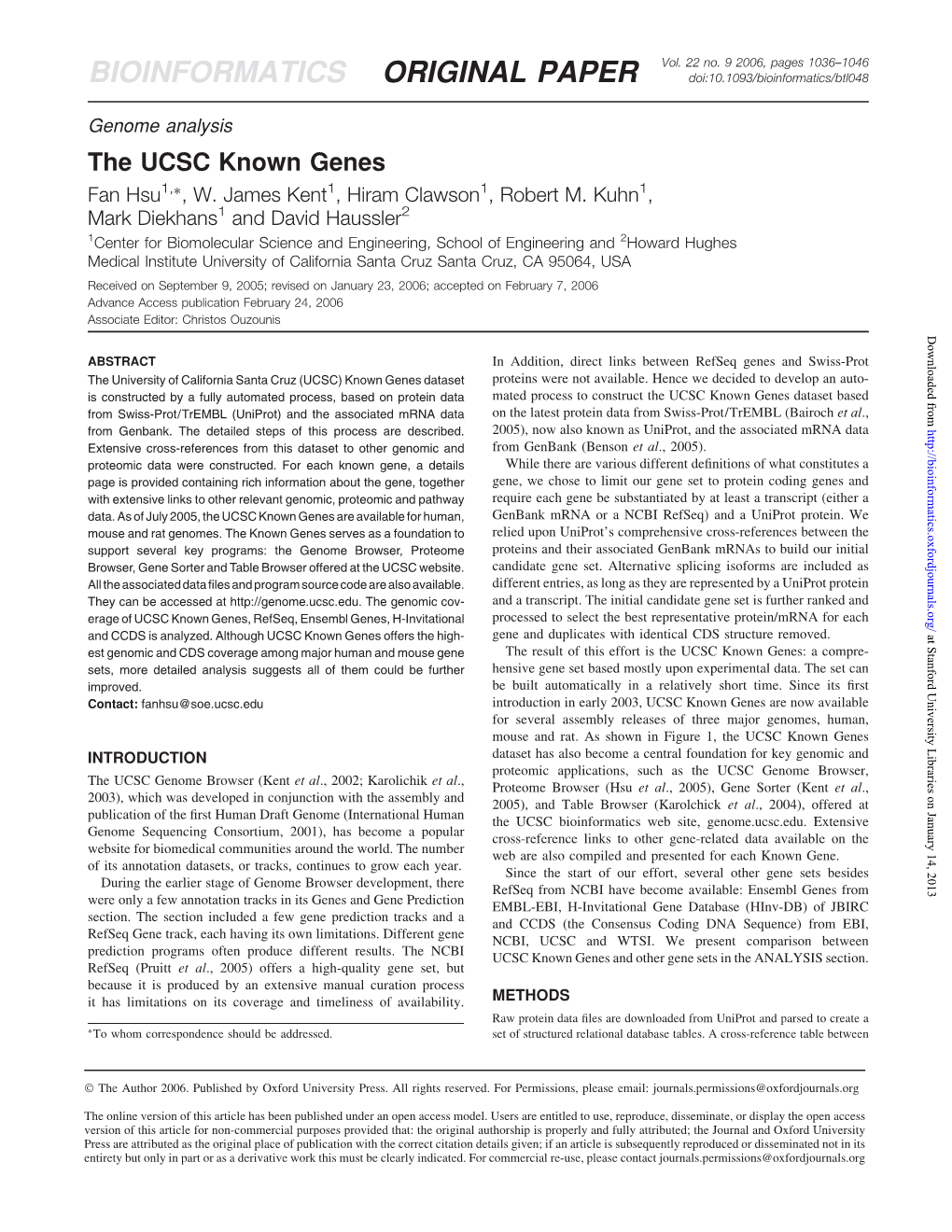 The UCSC Known Genes Fan Hsu1,Ã, W