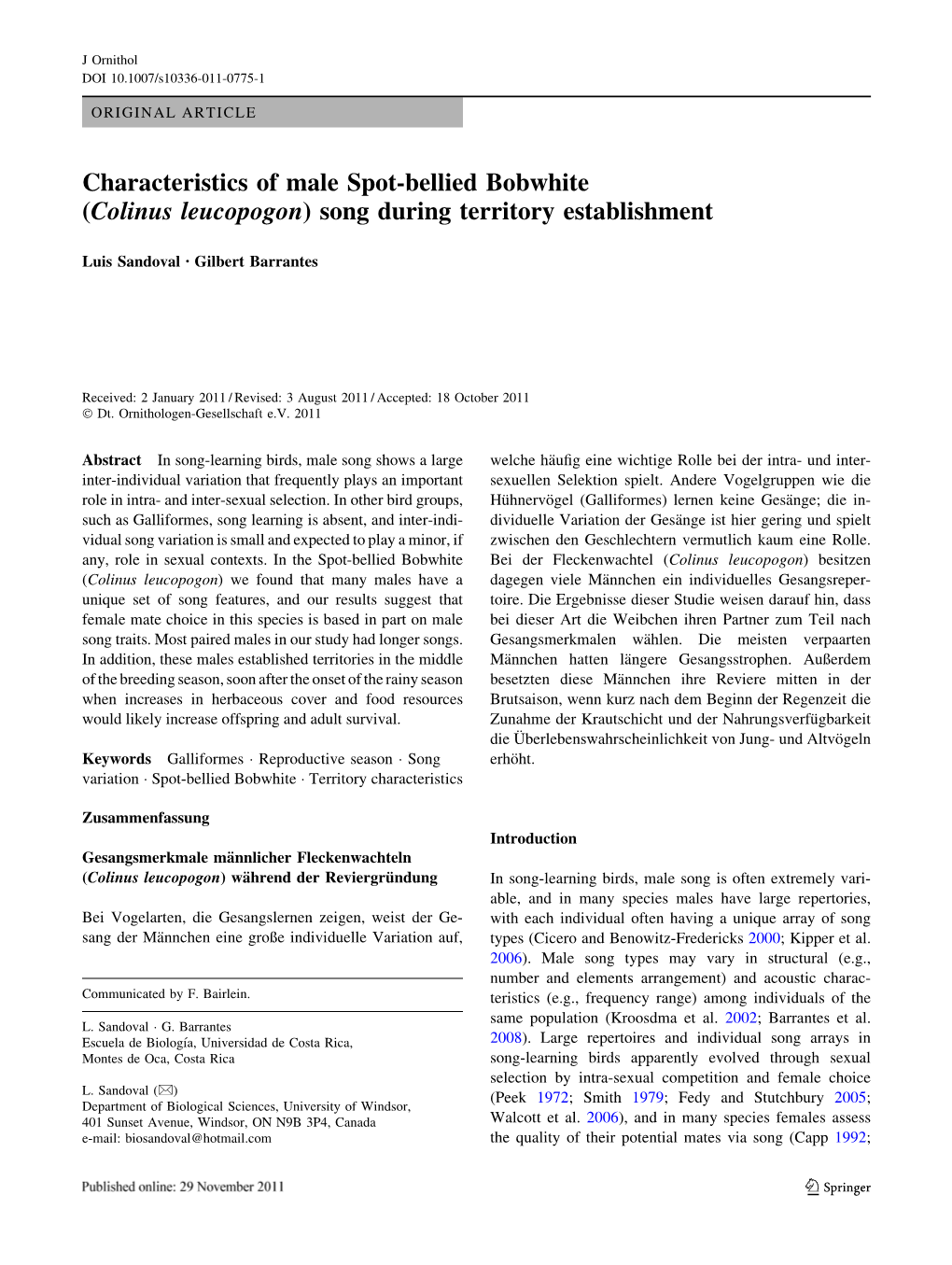 Characteristics of Male Spot-Bellied Bobwhite (Colinus Leucopogon) Song During Territory Establishment