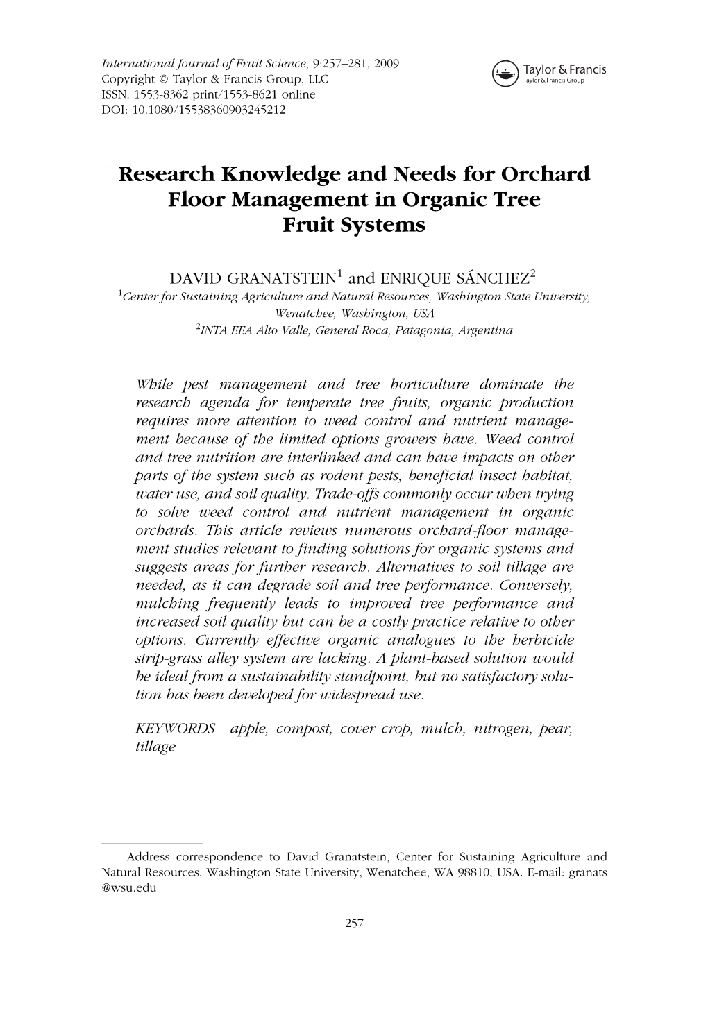 Research Knowledge and Needs for Orchard Floor Management In