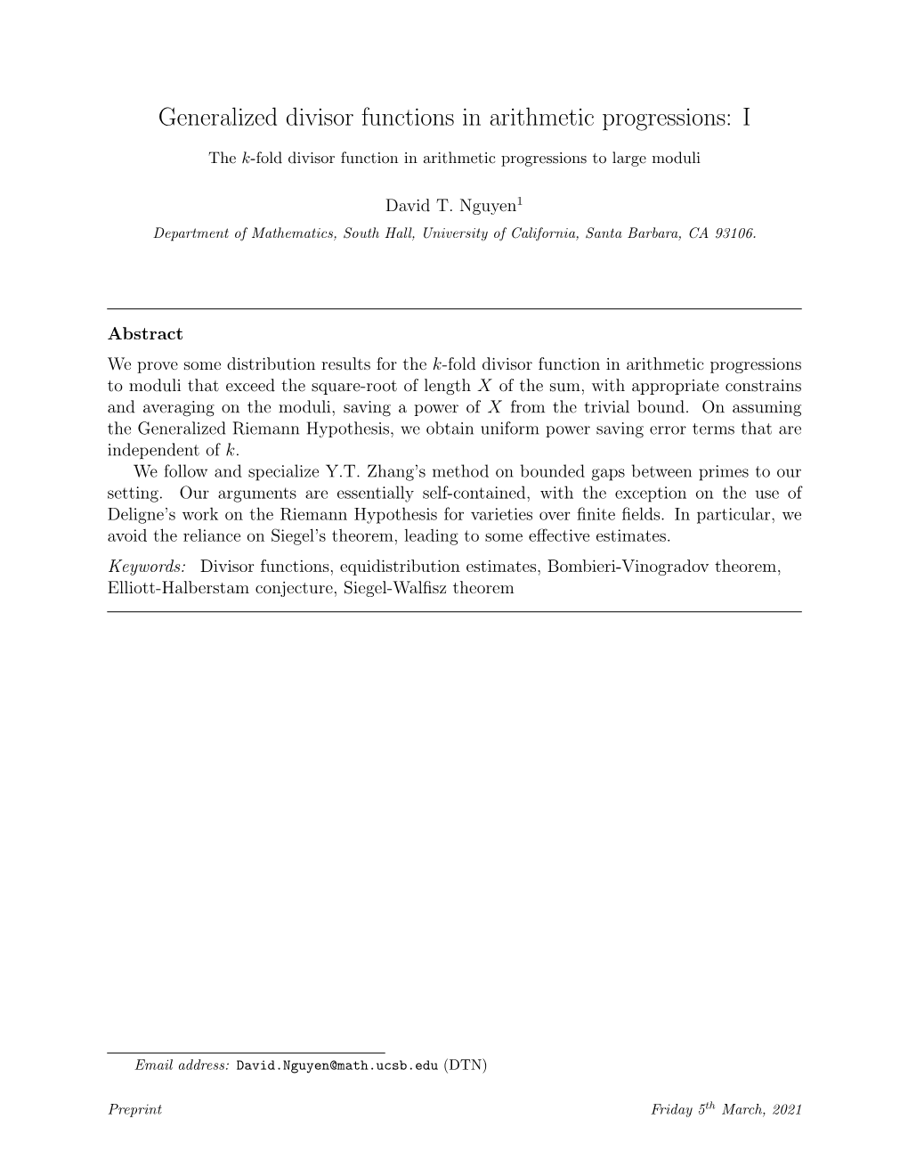 Generalized Divisor Functions in Arithmetic Progressions: I