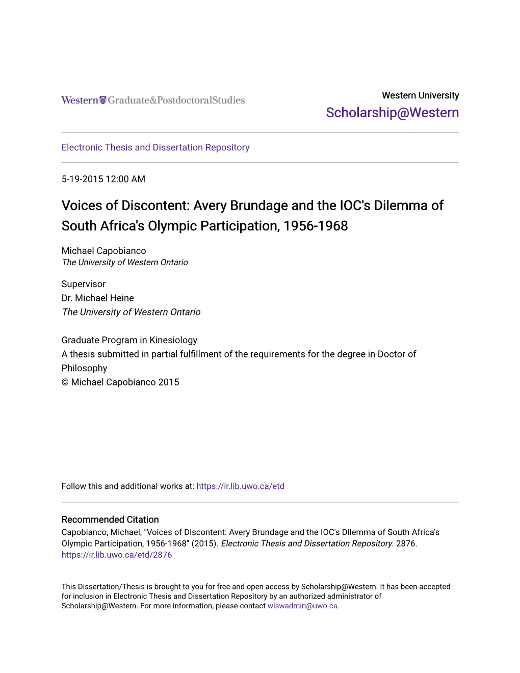 Avery Brundage and the IOC's Dilemma of South Africa's Olympic Participation, 1956-1968