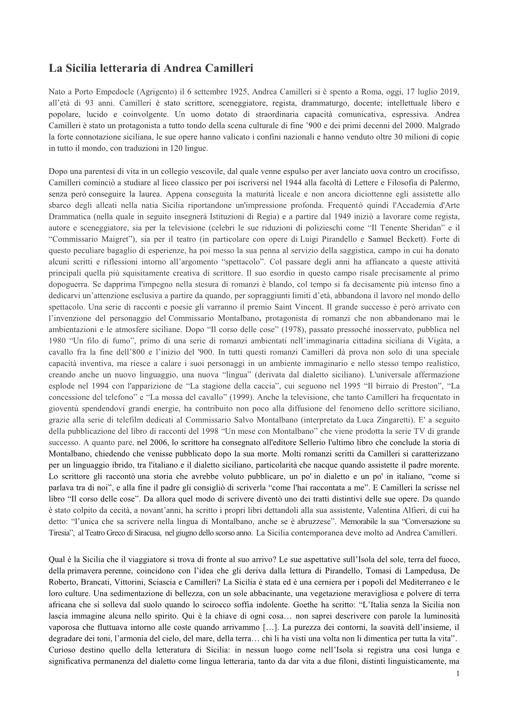 La Sicilia Letteraria Di Andrea Camilleri