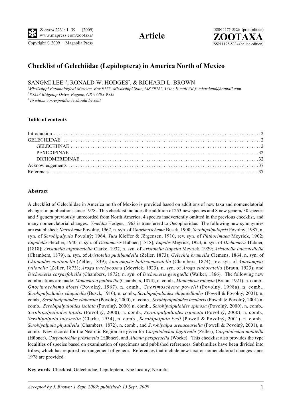 Zootaxa, Checklist of Gelechiidae