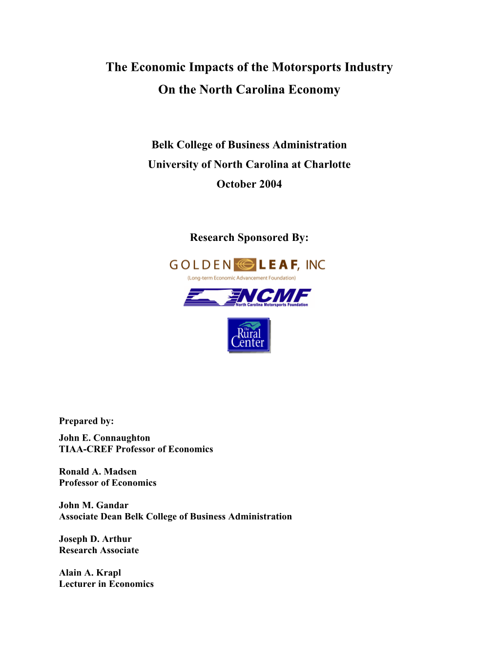 The Economic Impacts of the Motorsports Industry on the North Carolina Economy