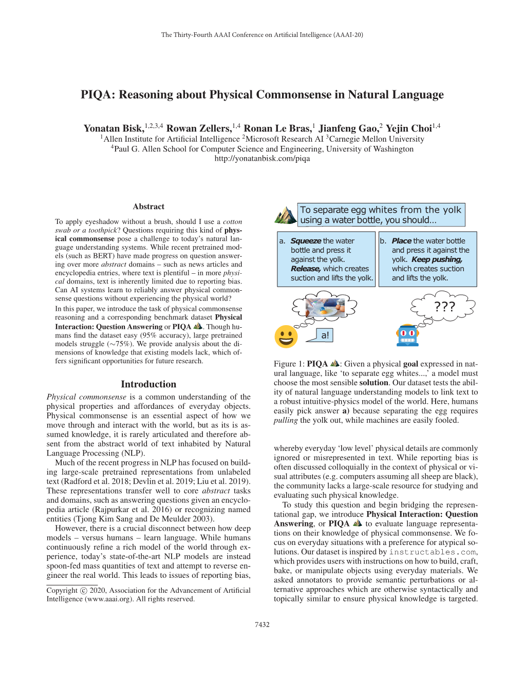 PIQA: Reasoning About Physical Commonsense in Natural Language