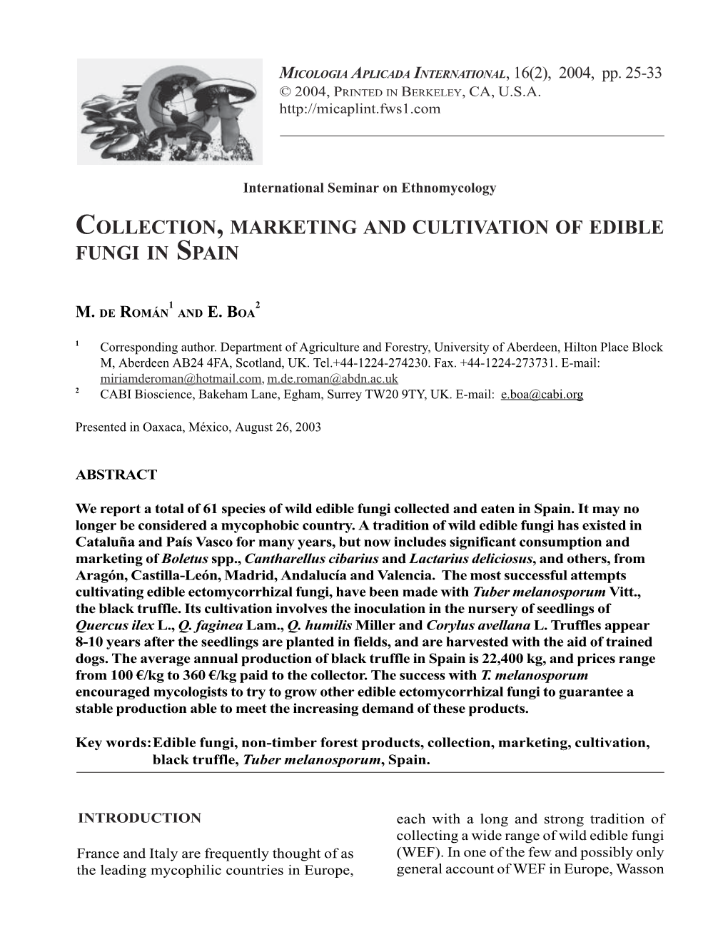 Collection, Marketing and Cultivation of Edible Fungi in Spain
