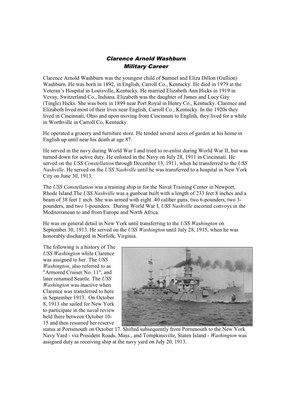 Clarence Arnold Washburn Military Career Clarence Arnold Washburn Was the Youngest Child of Samuel and Eliza Dillon (Gullion) Washburn