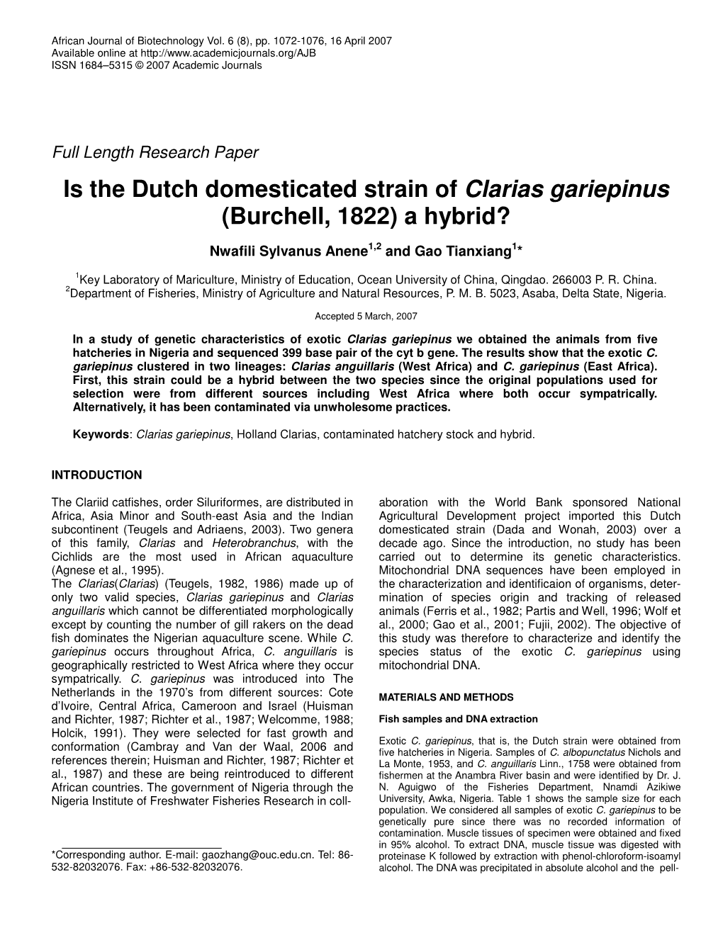 Is the Dutch Domesticated Strain of Clarias Gariepinus (Burchell, 1822) a Hybrid?