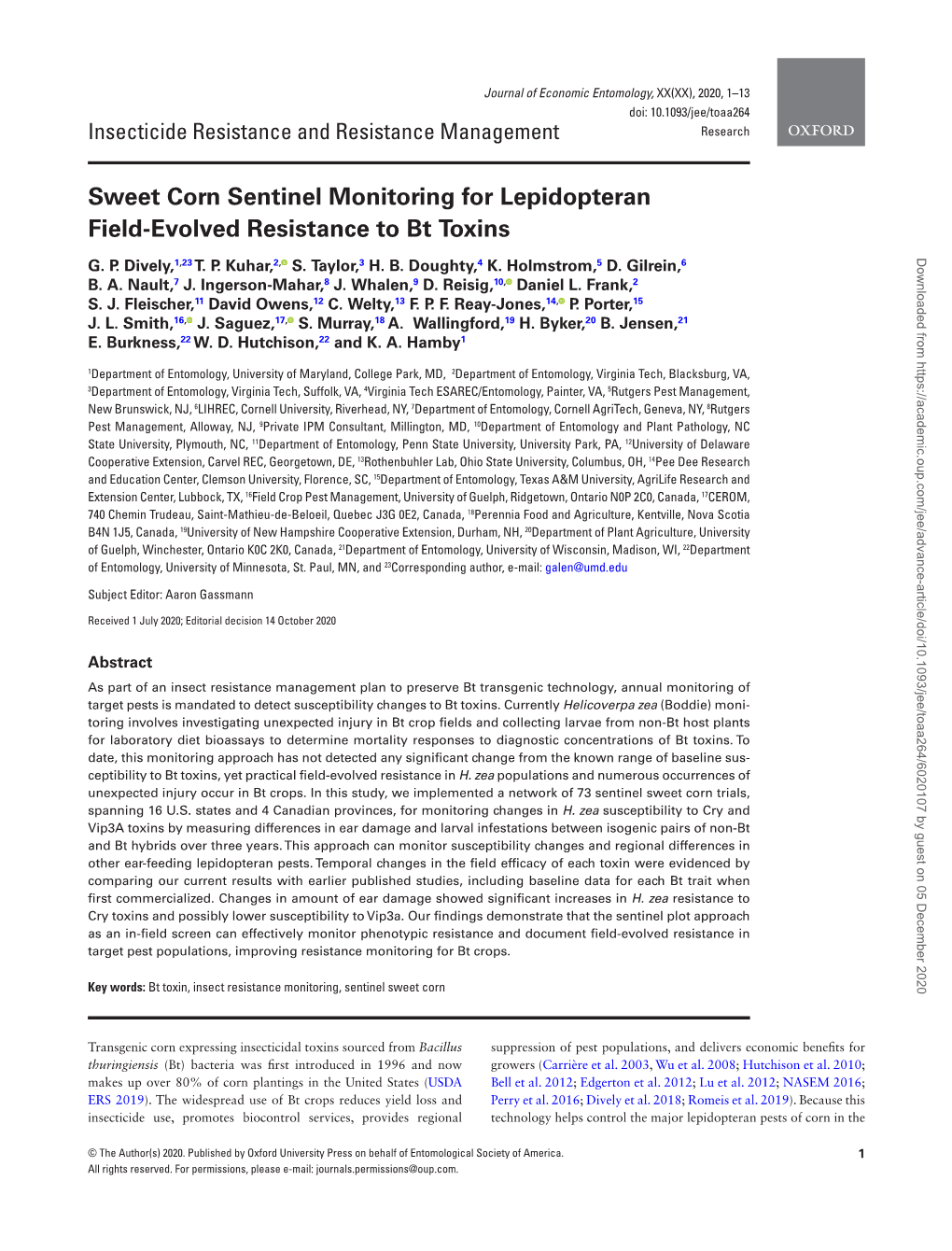 Sweet Corn Sentinel Monitoring for Lepidopteran Field-Evolved