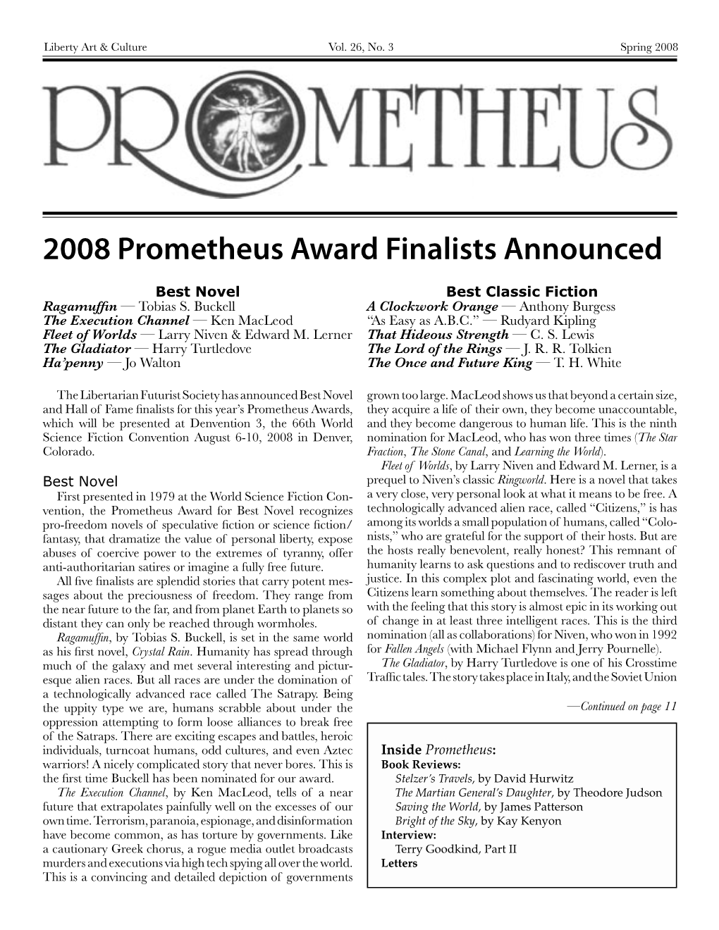 2008 Prometheus Award Finalists Announced