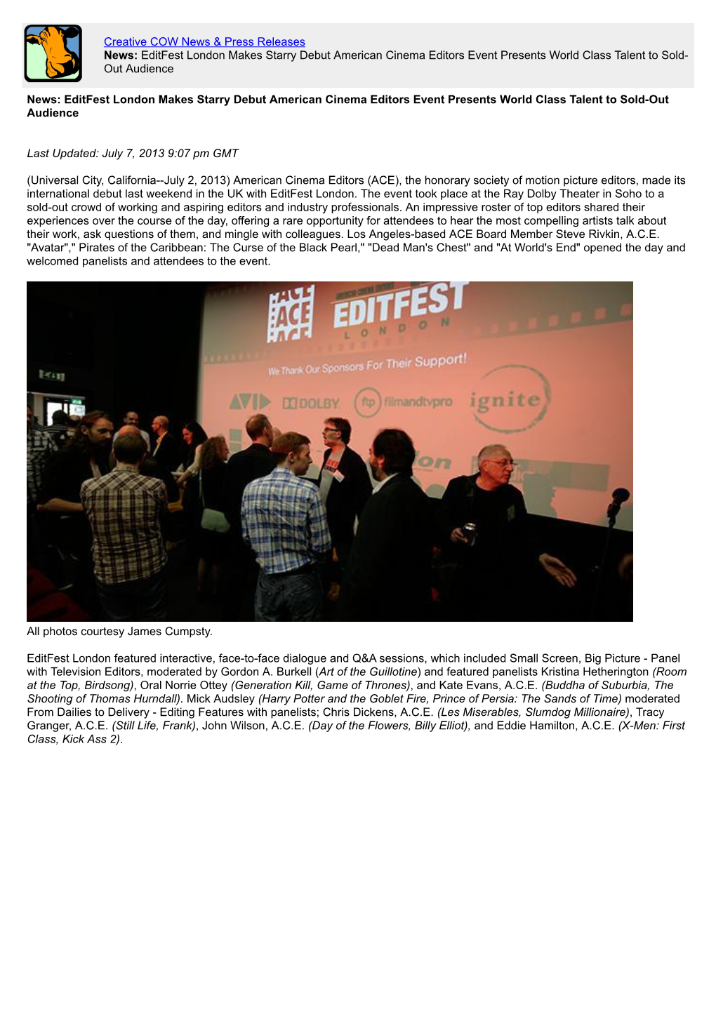 News: Editfest London Makes Starry Debut American Cinema Editors Event Presents World Class Talent to Sold- out Audience