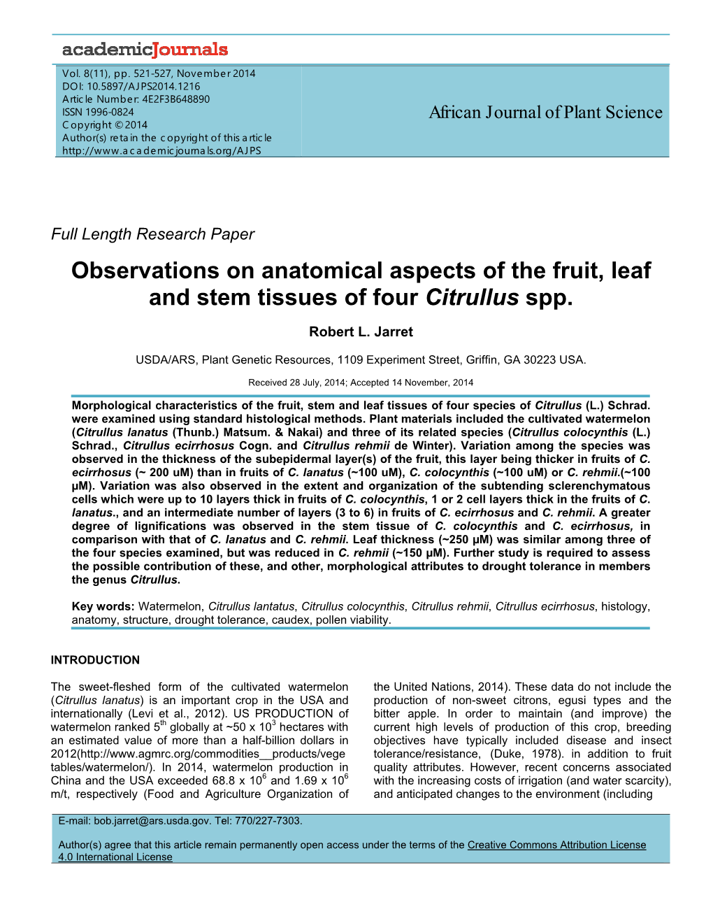 Observations on Anatomical Aspects of the Fruit, Leaf and Stem Tissues of Four Citrullus Spp