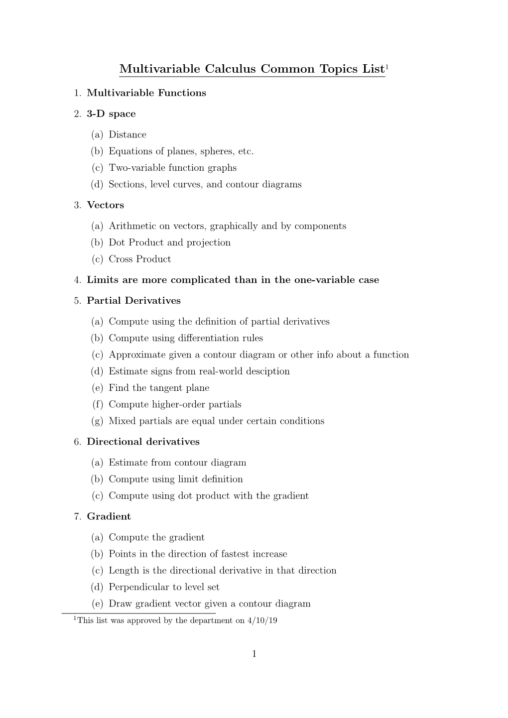 Multivariable Calculus Common Topics List1