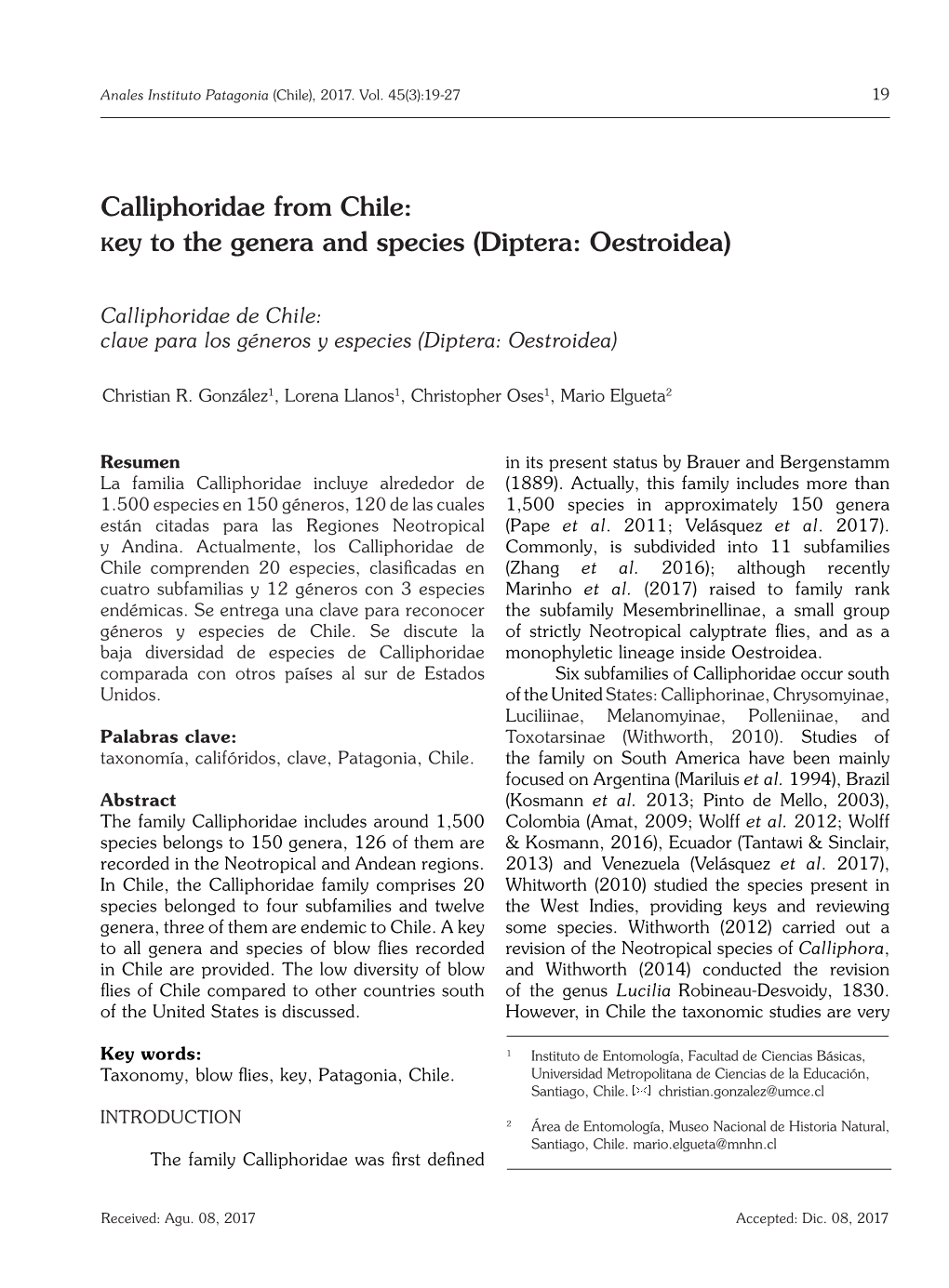 Calliphoridae from Chile: Key to the Genera and Species (Diptera: Oestroidea)