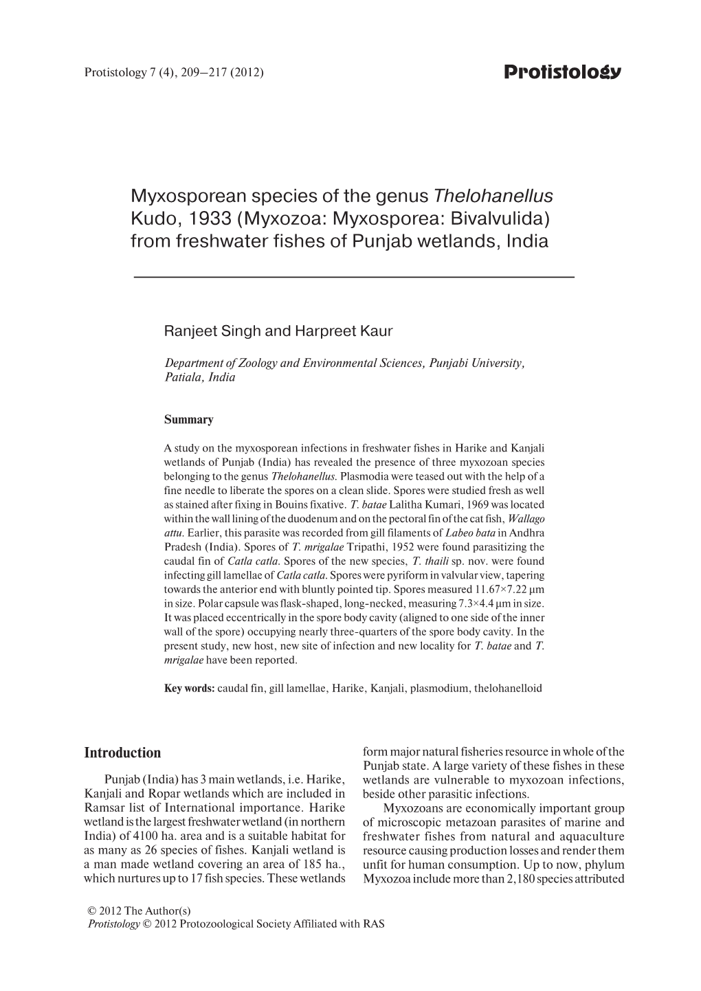 Protistology Myxosporean Species of the Genus Thelohanellus Kudo, 1933