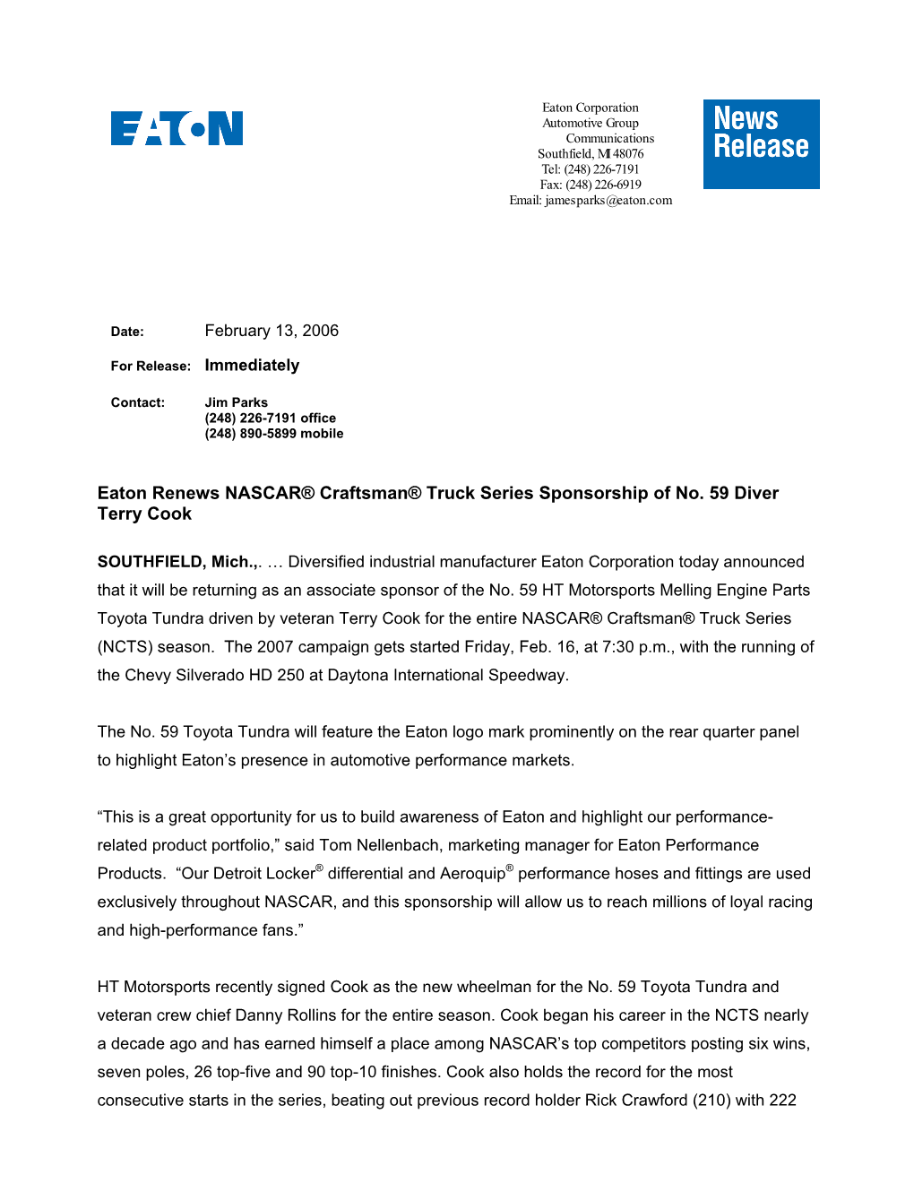 Eaton Renews NASCAR® Craftsman® Truck Series Sponsorship of No. 59 Diver Terry Cook