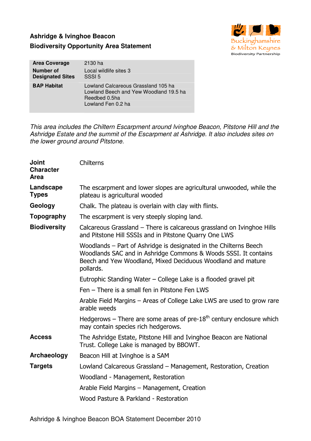 Ashridge & Ivinghoe Beacon BOA Statement December 2010