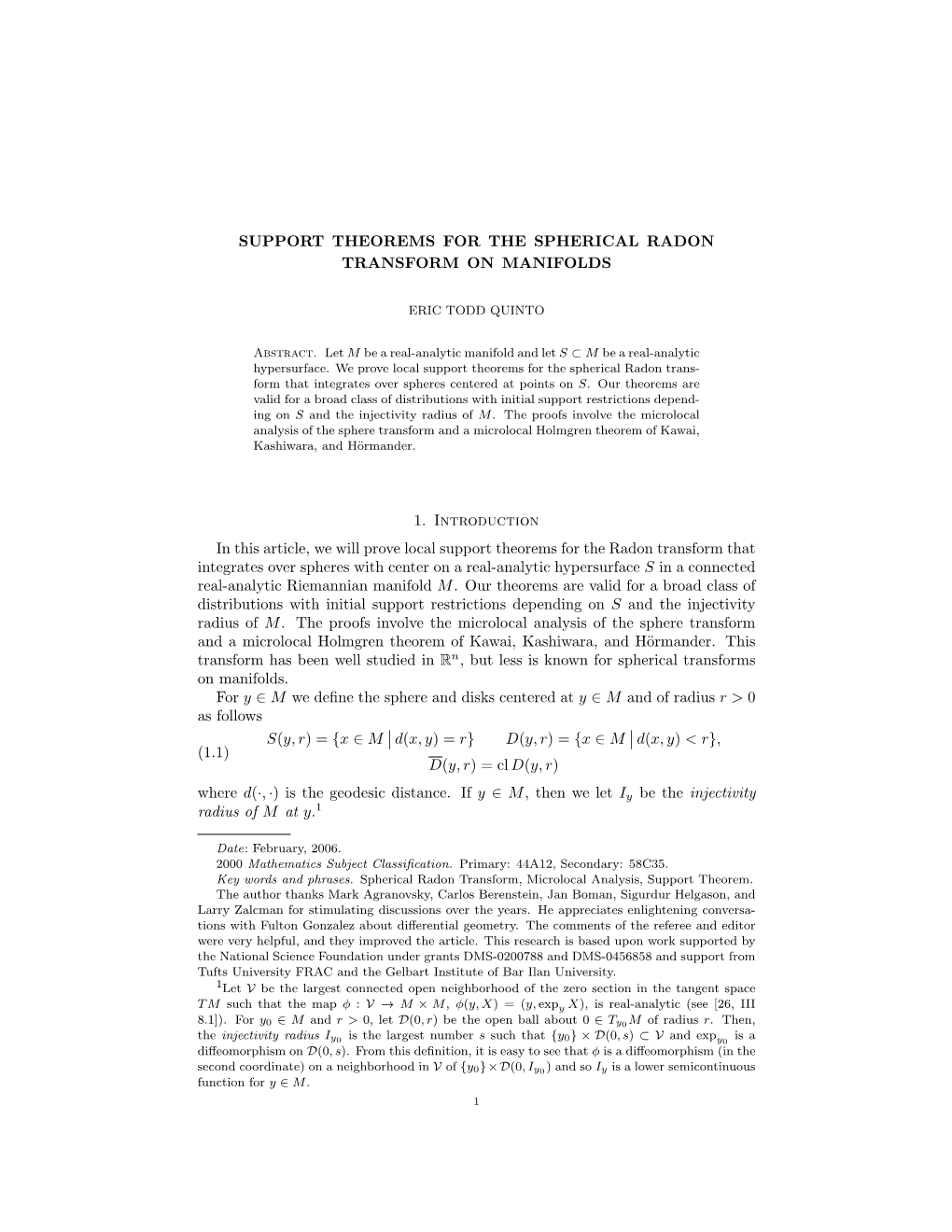 Support Theorems for the Spherical Radon Transform on Manifolds