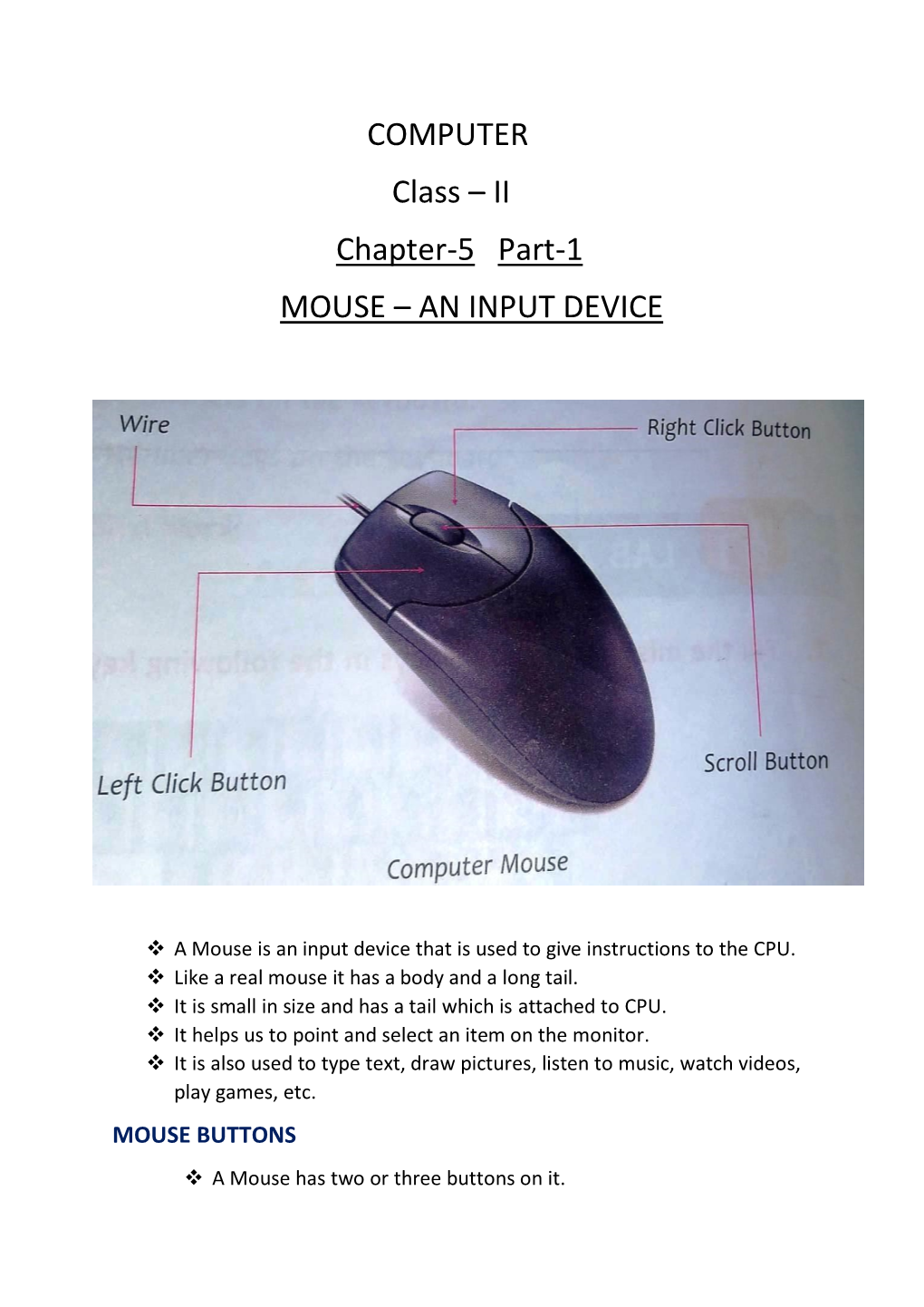 COMPUTER Class – II Chapter-5 Part-1 MOUSE – an INPUT DEVICE