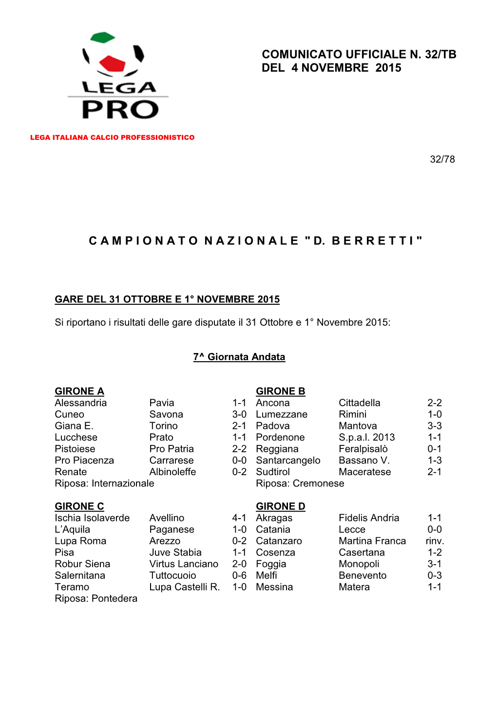 Comunicato Ufficiale N. 32/Tb Del 4 Novembre 2015 Ì